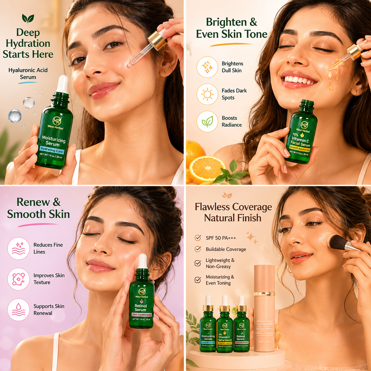 Face Serum Set – Hyaluronic Acid, 10% Vitamin C & Retinol Serum (3 Pack) + FREE Foundation SPF 50 – Hydrating, Brightening & Skin Smoothing Skincare