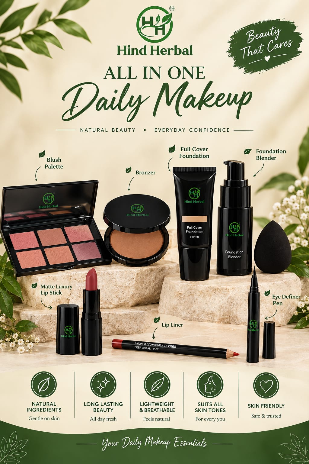 HIND HERBAL all in 1 daily makeup box, full cover foundation blush pallete, dual tip eye definer pen, luxury matte lipstick, luminizing powder, bronzer, dual blend foundation powder, setting spray , lip liner, beauty blender