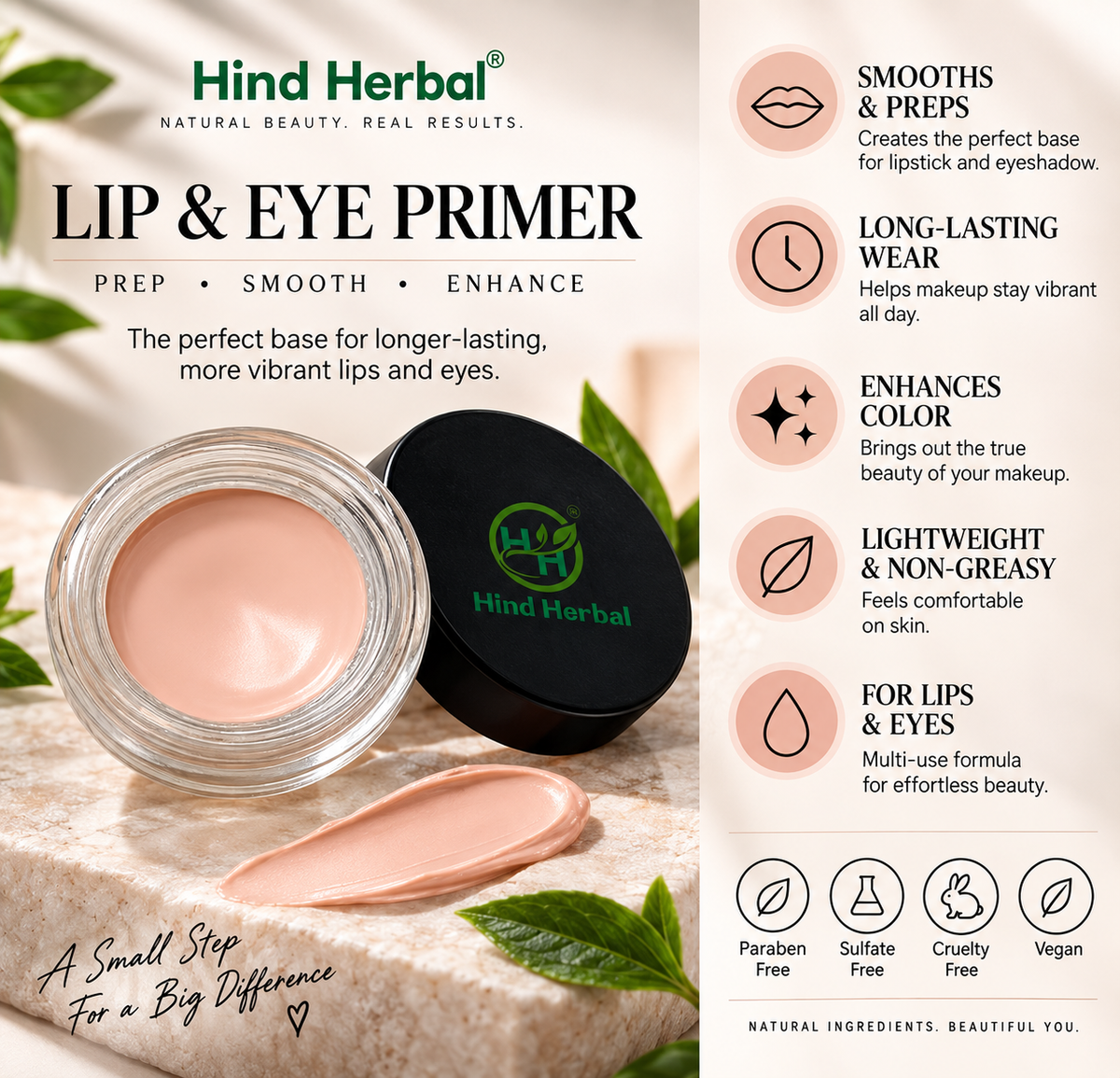 Hind Herbal Eye & Lip Primer A smoothing primer that preps lids and lips for longer-lasting color and crease-free wear Net wt. 0.1 oz. / 3 g