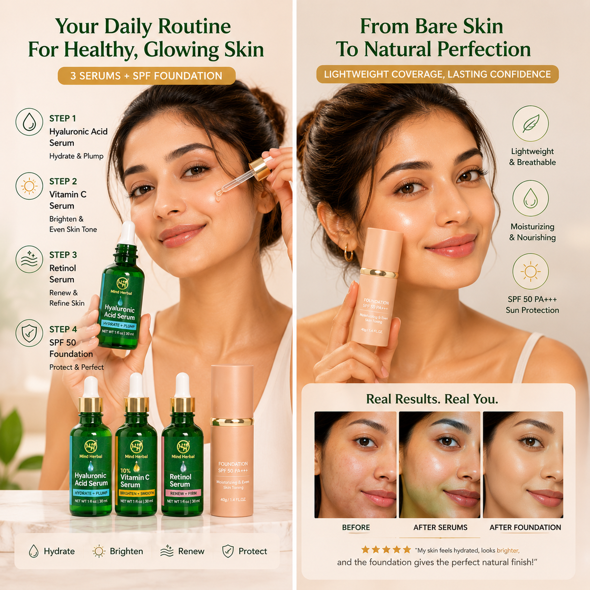 Face Serum Set – Hyaluronic Acid, 10% Vitamin C & Retinol Serum (3 Pack) + FREE Foundation SPF 50 – Hydrating, Brightening & Skin Smoothing Skincare